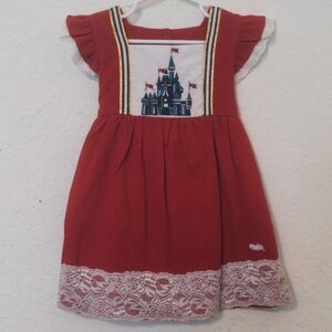 Disney Inspired The Purple Pickle Red Dress With Lace & Castle Embroidery Sz 2T